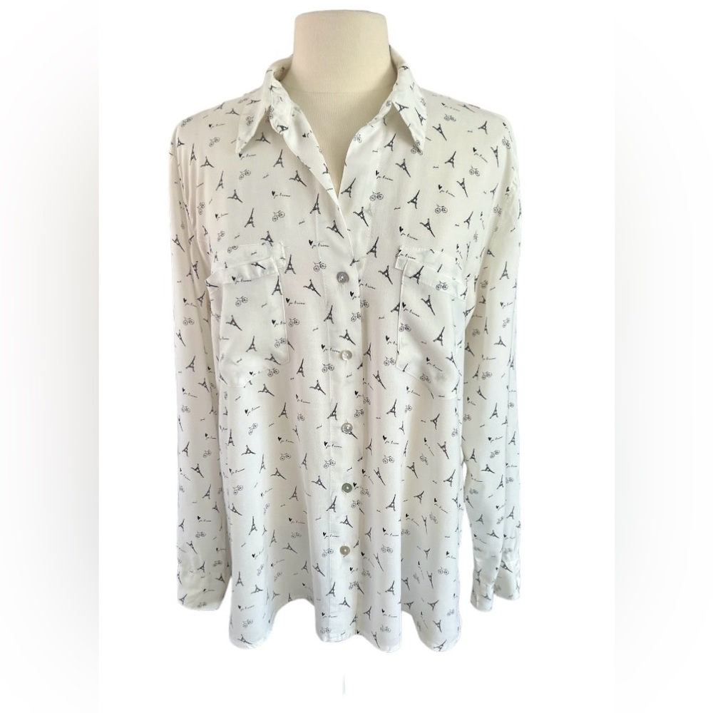 Eiffel Tower Print White Shirt Size L